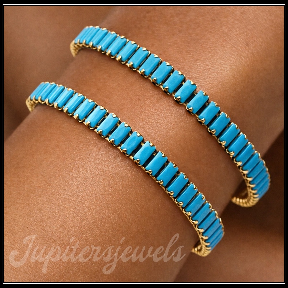 Clearance! New On Trend Gold Blue Turquoise Baguette Tennis Bracelet – 7” Inch